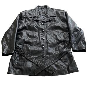 Vintage Amalfi Womens Black 5 Button Leather Coat with Waist Belt Size 27x36.5